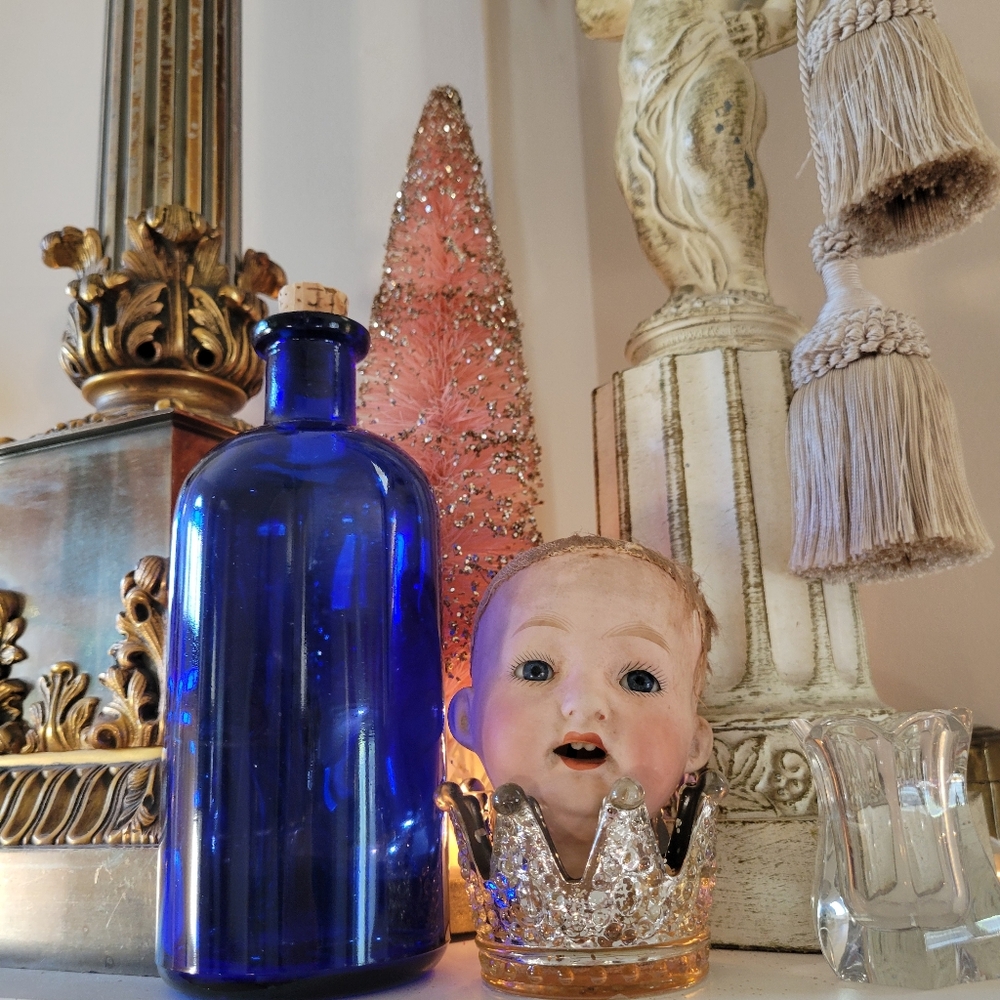 Vintage Cobalt Blue Glass Apothecary Bottle Cork Stopper ~ Decanter ~ Pretty!